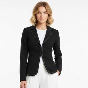 Cache Black Long Sleeve White Thread Accent Hook Close Blazer Jacket 6